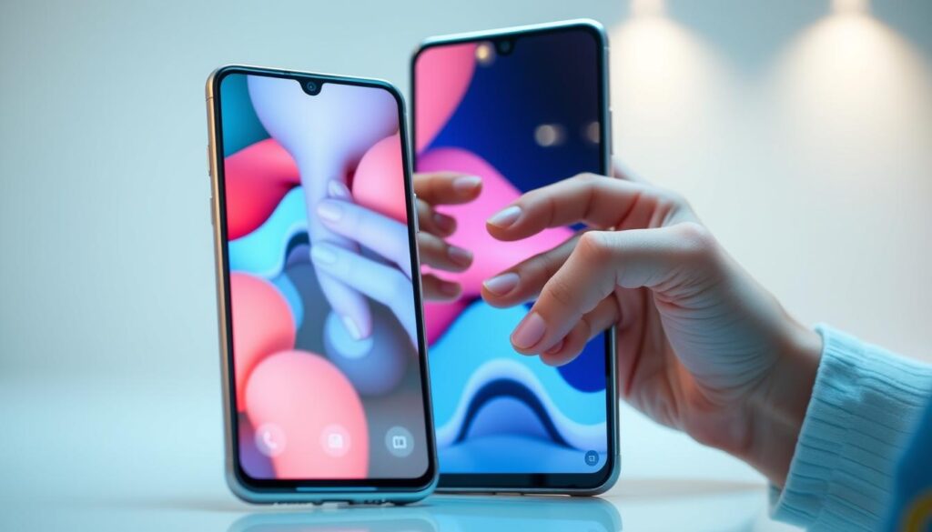 A well-lit smartphone display showcases the sleek design of the Samsung Galaxy A15 5G, its screen filled with vibrant, responsive content. In the foreground, a confident user's hands deftly navigate the intuitive user interface, highlighting the phone's smooth performance and seamless user experience. The middle ground reveals the phone's premium build quality, with its metal frame and glossy glass back reflecting the surrounding environment. The background depicts a modern, minimalist setting, emphasizing the device's versatility and suitability for everyday use. Soft, directional lighting accentuates the phone's elegant lines and creates a sense of depth, while a slightly low camera angle conveys a sense of power and confidence in the user's interaction with the device. A well-lit smartphone display showcases the sleek design of the Samsung Galaxy A15 5G, its screen filled with vibrant, responsive content. In the foreground, a confident user's hands deftly navigate the intuitive user interface, highlighting the phone's smooth performance and seamless user experience. The middle ground reveals the phone's premium build quality, with its metal frame and glossy glass back reflecting the surrounding environment. The background depicts a modern, minimalist setting, emphasizing the device's versatility and suitability for everyday use. Soft, directional lighting accentuates the phone's elegant lines and creates a sense of depth, while a slightly low camera angle conveys a sense of power and confidence in the user's interaction with the device.